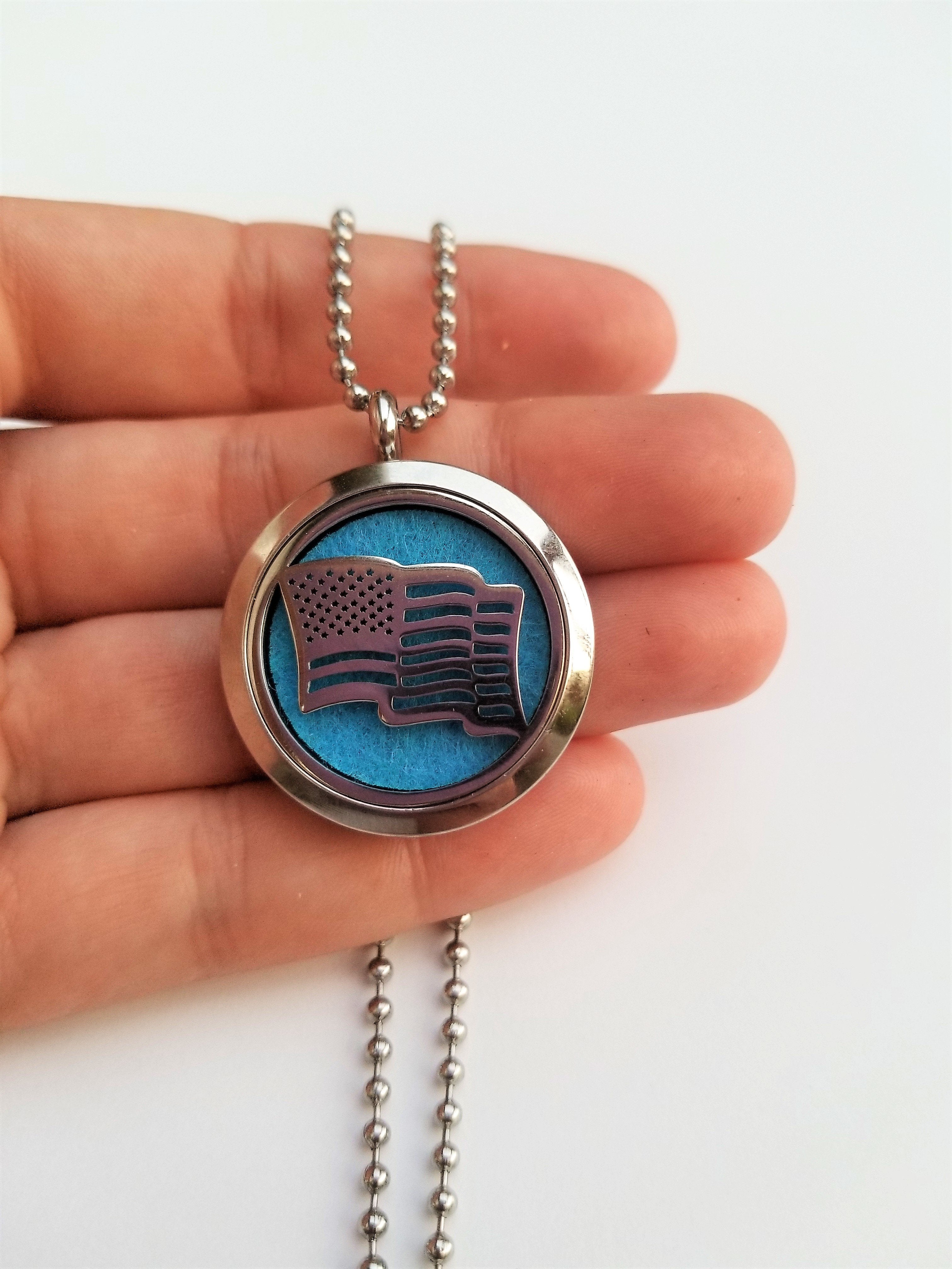 Stainless Steel American Flag Essential Oil Necklace