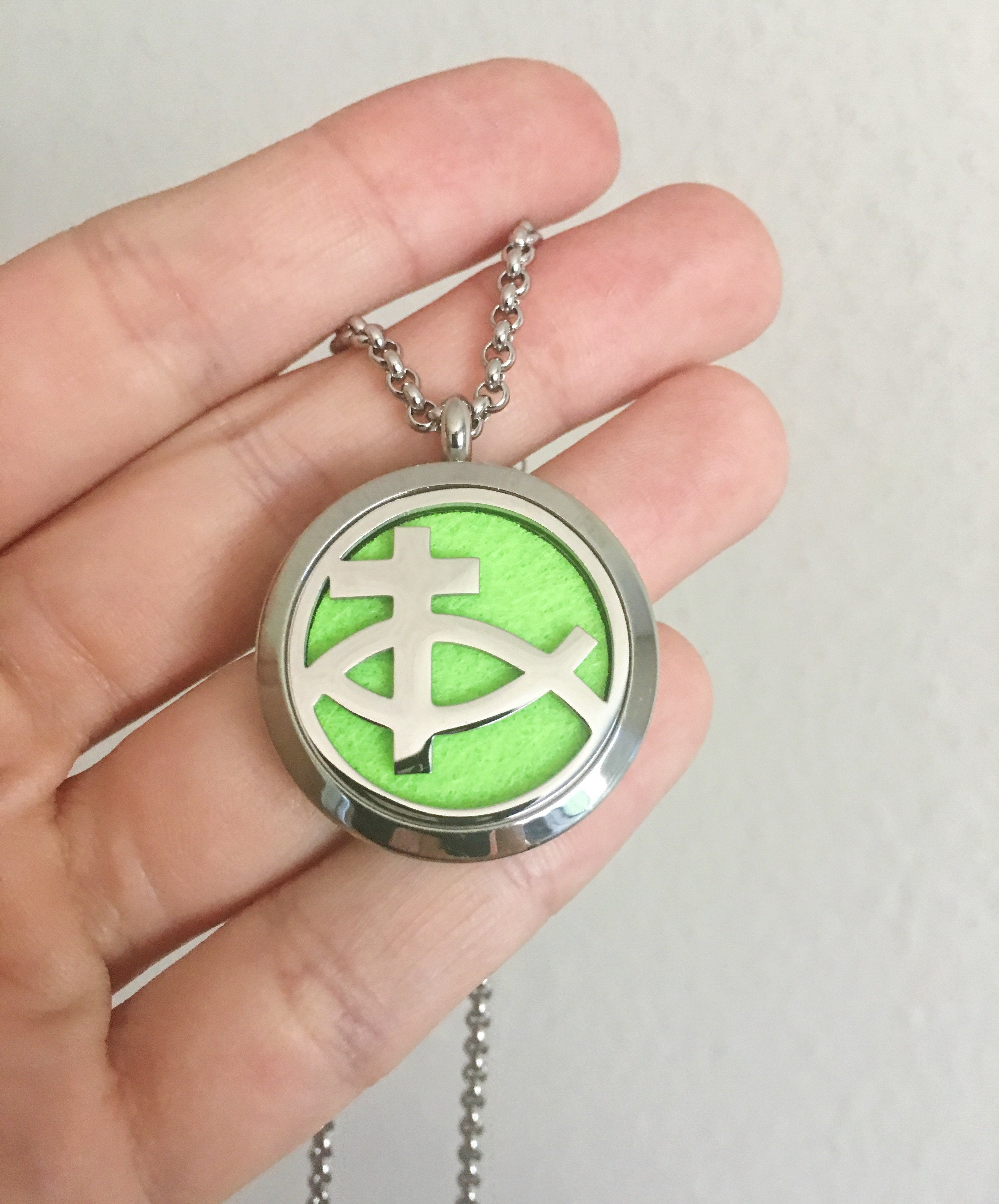 Stainless Steel Ichthus Cross Essential Oil Necklace