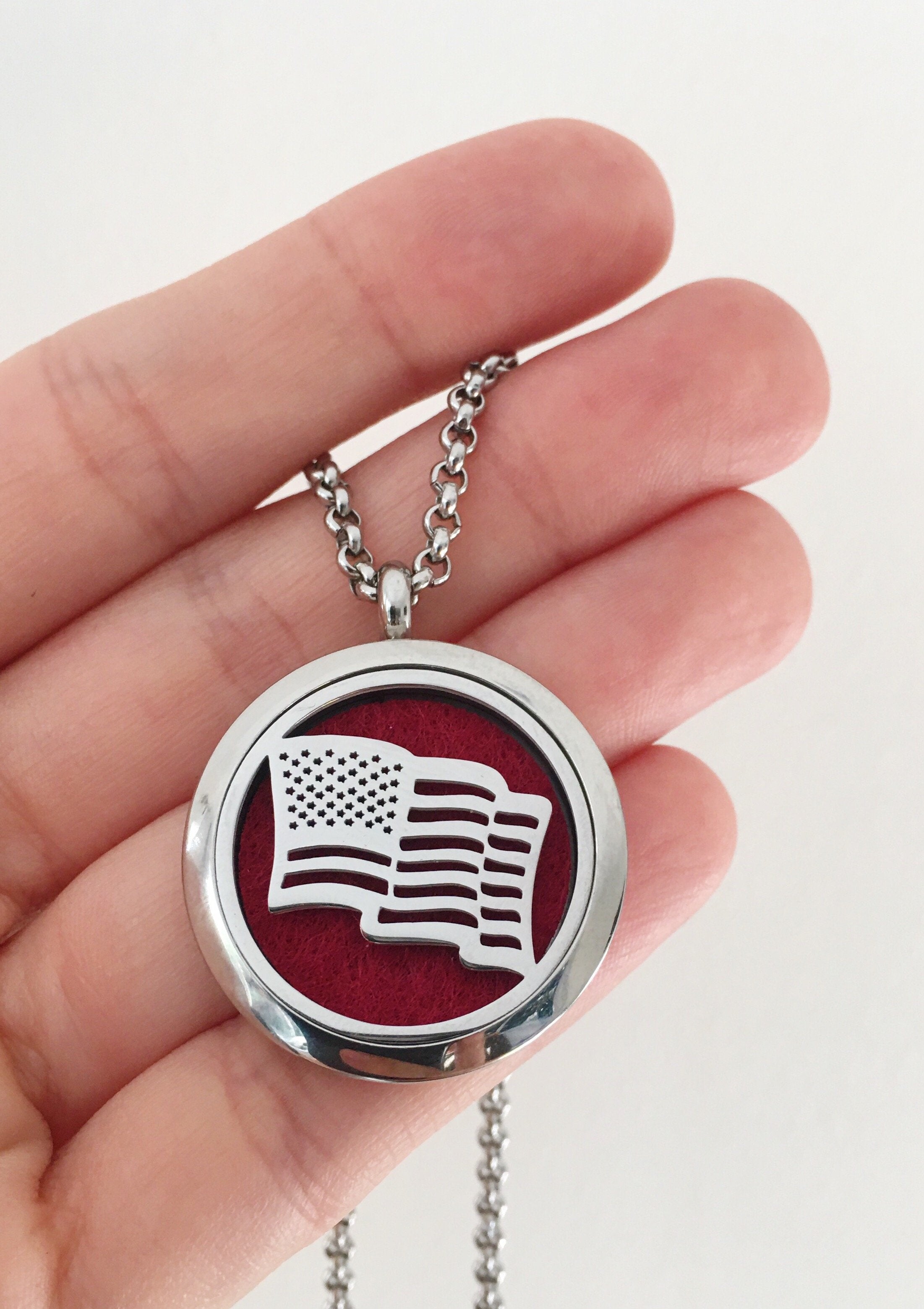Stainless Steel American Flag Essential Oil Necklace
